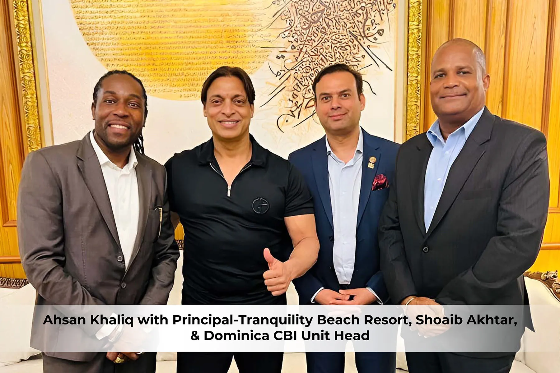 Ahsan Khaliq with Principal of Tranquility Beach Resort, Shoaib Akhtar, and Dominica CBI Unit Head